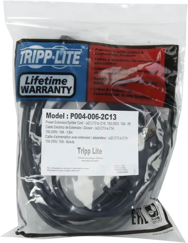 Alt view image 3 of 3 - Tripp Lite Y Splitter Computer Power Extension Cord, 10A, 18AWG (IEC-320-C14 to 2x IEC-320-C13), 6-ft. (P004-006-2C13)