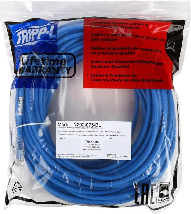 Alt view image 3 of 3 - TRIPP LITE N202-075-BL 75 ft. Cat 6 Blue Gigabit Solid Conductor Snagless Patch Cable