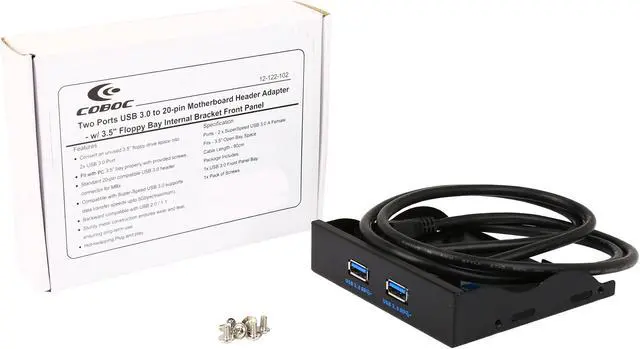 Alt view image 5 of 5 - Coboc 3.5FP-U3-20PSPL2 Dual Ports USB 3.0 to 20pin Header 3.5" Floppy Bay Internal Bracket Front Panel - 3.5"tray USB 3.0 20pin to 2 Ports Type A Female