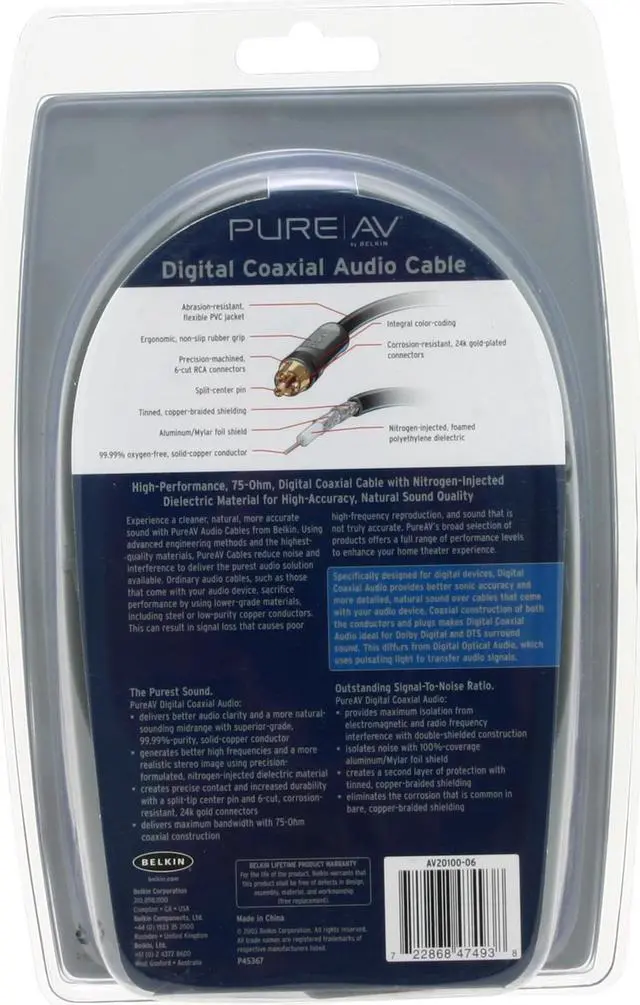 Alt view image 3 of 3 - BELKIN PURE AV AV20100-06 6 feet Digital Coaxial Audio Cable Male to Male
