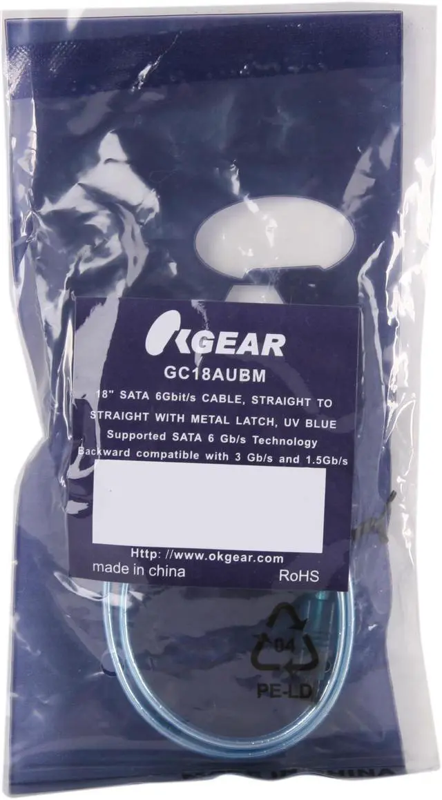 Alt view image 3 of 3 - OKGEAR 18" SATA 6 Gbps Cable, Straight to Straight W/ Metal Latch, UV Blue, Backward Compatible 3 Gbps and 1.5 Gbps