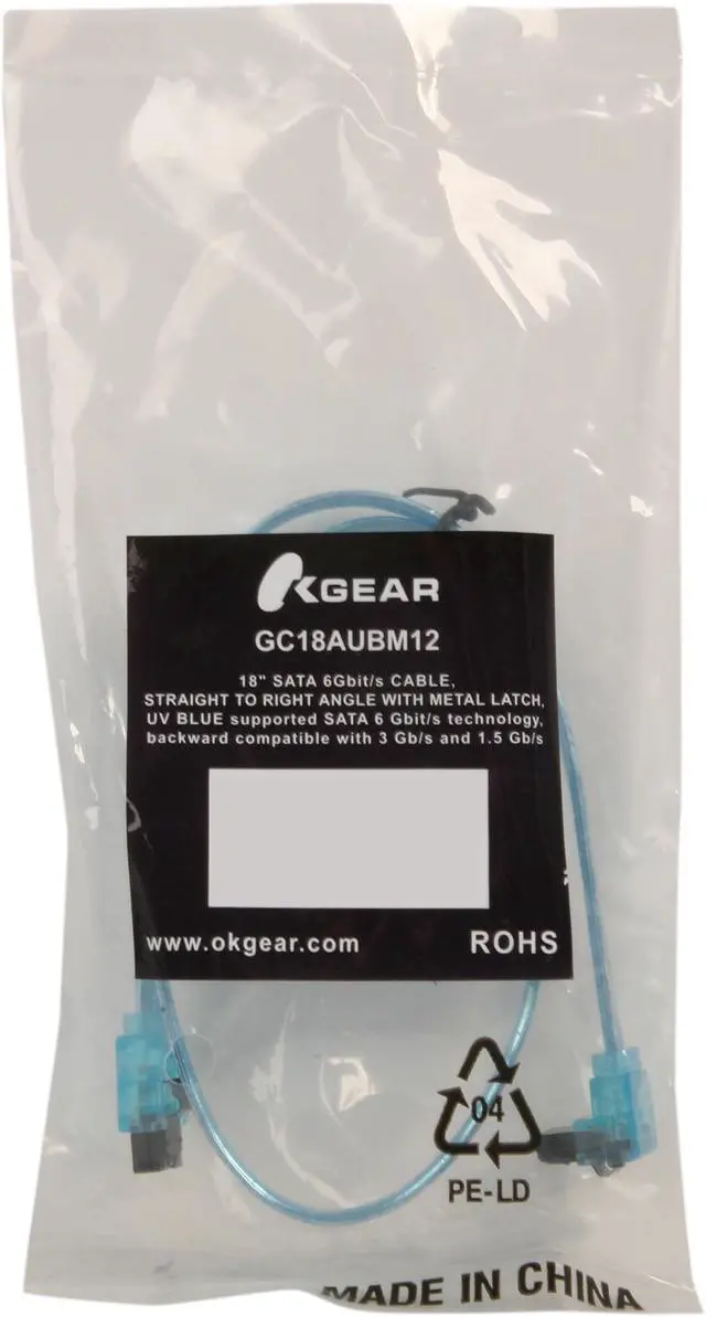 Alt view image 3 of 3 - OKGEAR GC18AUBM12 1.5 ft. (18 in.) SATA 3.0 Cable with Metal Latch, Straight to Right Angle, UV Blue