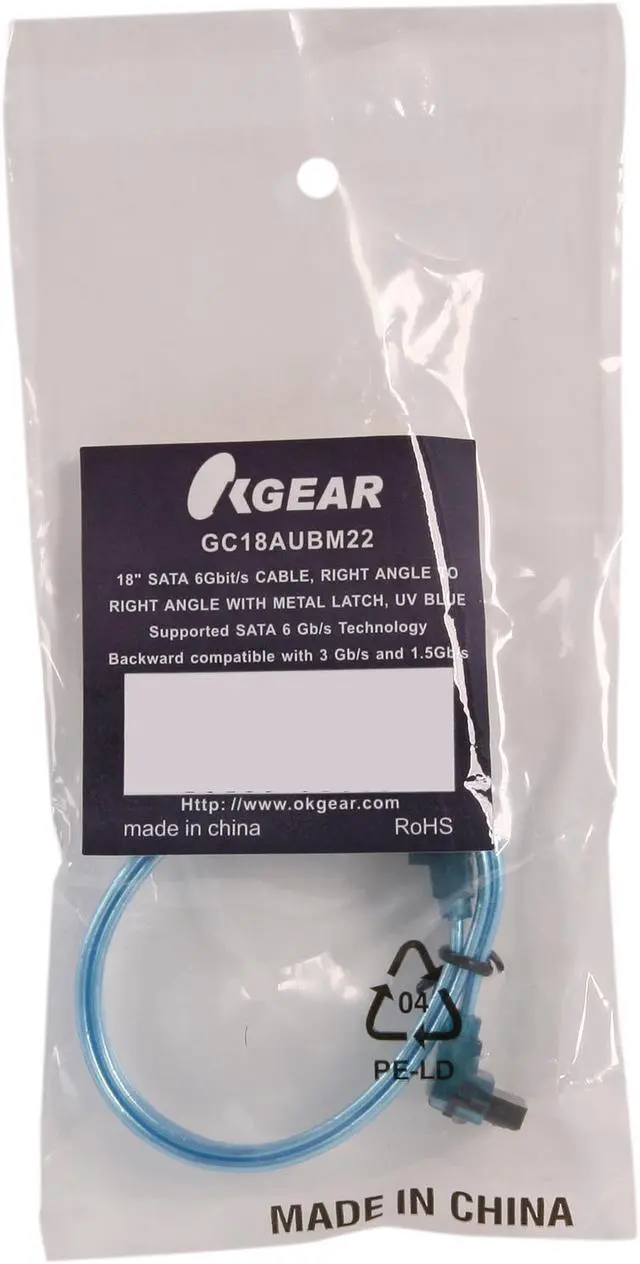 Alt view image 3 of 3 - OKGEAR 18" SATA 6 Gbps Cable, Right Angle to Right Angle W/ Metal Latch, UV Blue, Backward Compatible 3 Gbps and 1.5 Gbps