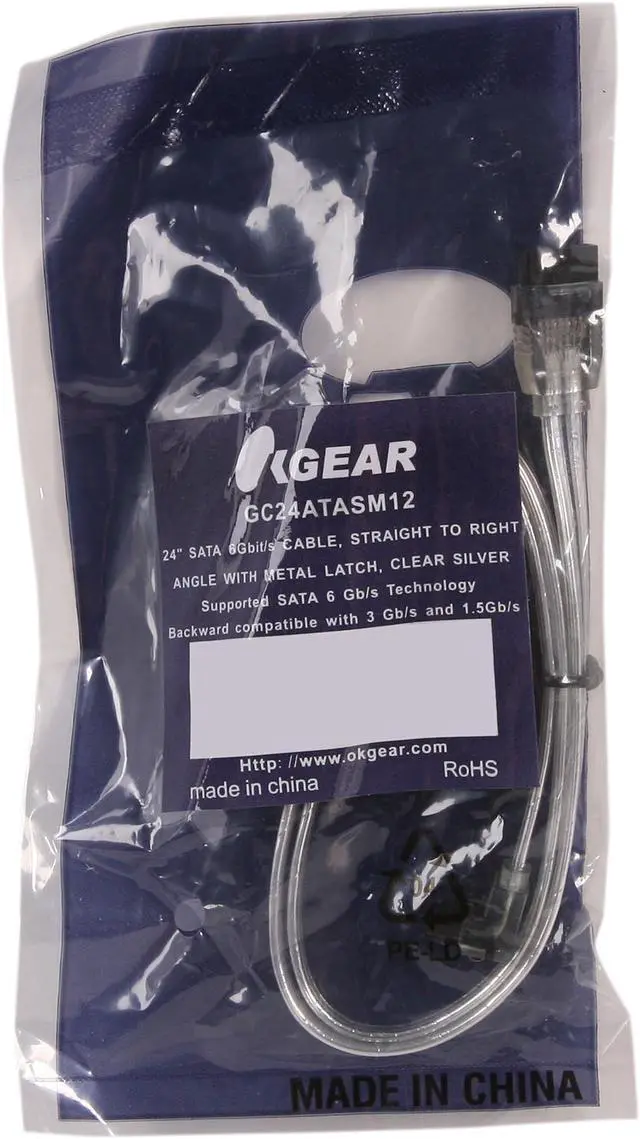 Alt view image 3 of 3 - OKGEAR 24" SATA 6 Gbps Cable, Straight to Right Angle W/ Metal Latch, Silver, Backward Compatible 3 Gbps and 1.5 Gbps