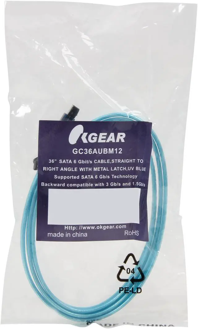 Alt view image 3 of 3 - OKGEAR 36" SATA 6 Gbps Cable, Straight to Right Angle, UV Blue, Backward Compatible with 3 Gbps and 1.5 Gbps - OEM