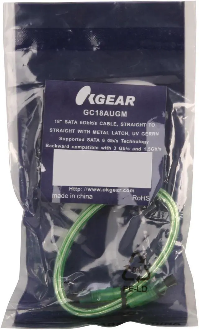 Alt view image 3 of 3 - OKGEAR 18" SATA 6 Gbps Cable, Straight to Straight W, Metal Latch, UV Green, Backward Compatible 3 Gbps and 1.5 Gbps