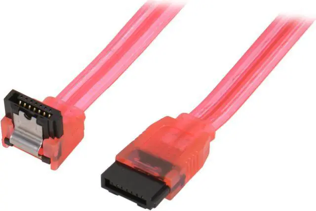Main image of OKGEAR 18" SATA 6 Gbps Cable, Straight to Right Angle W/ Metal Latch, UV  Red, Backward Compatible 3 Gbps and 1.5Gbps