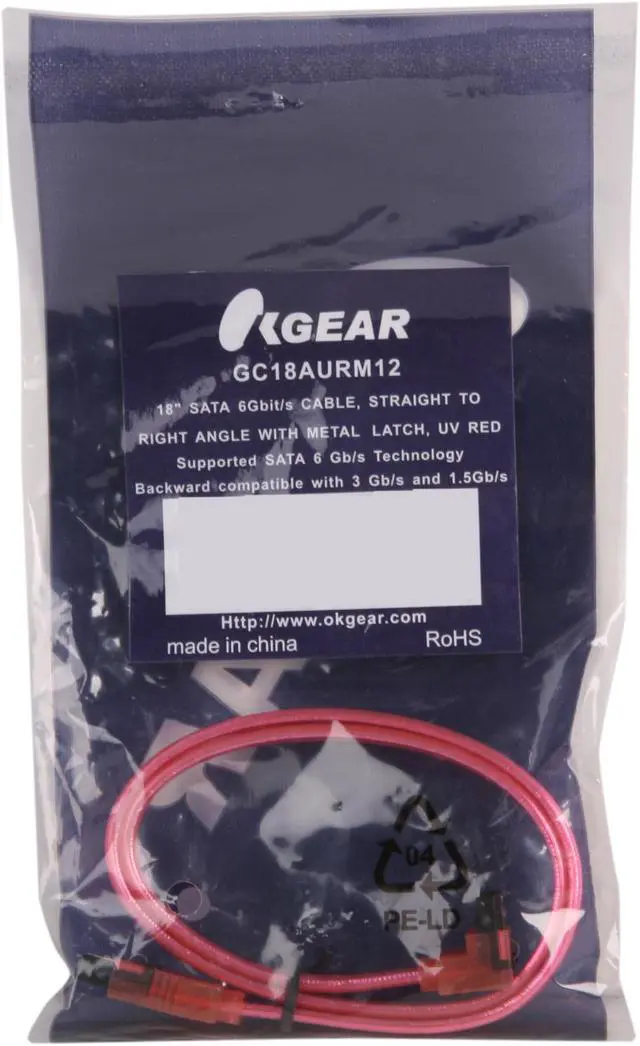 Alt view image 3 of 3 - OKGEAR 18" SATA 6 Gbps Cable, Straight to Right Angle W/ Metal Latch, UV  Red, Backward Compatible 3 Gbps and 1.5Gbps