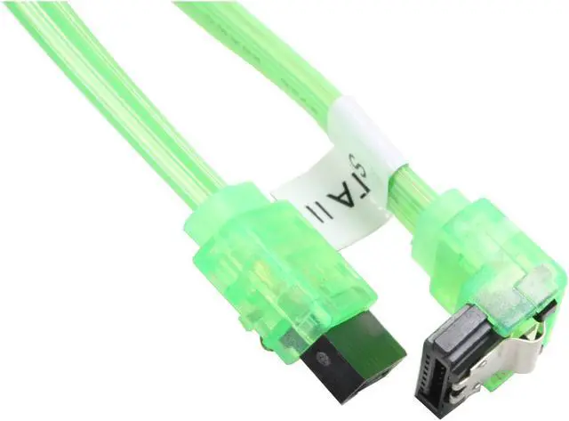 Main image of OKGEAR 24" SATA 6 Gbps Cable, Straight to Right Angle W/ Metal Latch, UV Green, Backward Compatible 3 Gbps and 1.5 Gbps