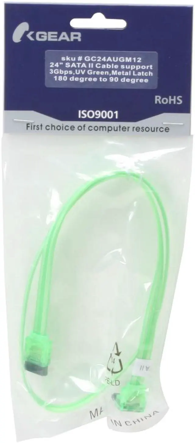 Alt view image 3 of 3 - OKGEAR 24" SATA 6 Gbps Cable, Straight to Right Angle W/ Metal Latch, UV Green, Backward Compatible 3 Gbps and 1.5 Gbps