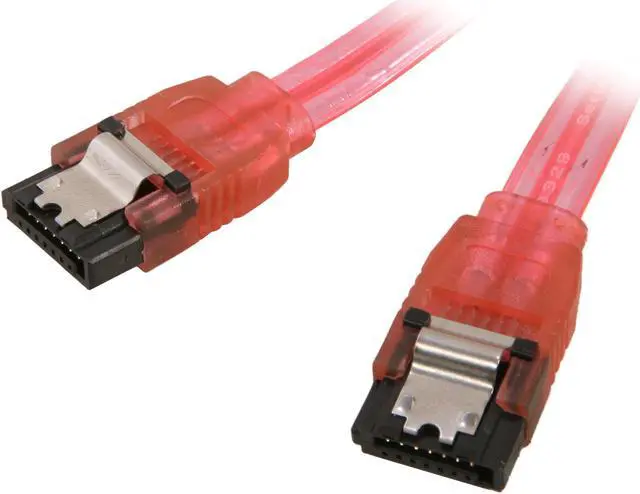 Main image of OKGEAR 6" SATA 6 Gbps Cable, Straight to Straight W/ Metal Latch, UV  Red, Backward Compatible with 3 Gbps and 1.5 Gbps