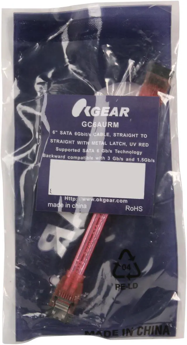 Alt view image 3 of 3 - OKGEAR 6" SATA 6 Gbps Cable, Straight to Straight W/ Metal Latch, UV  Red, Backward Compatible with 3 Gbps and 1.5 Gbps
