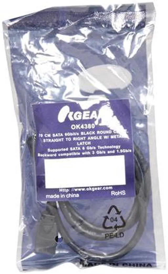 Alt view image 3 of 3 - OKGEAR OK4380 2.29 ft. SATA 6Gbps round cable, straight to right angle, black color