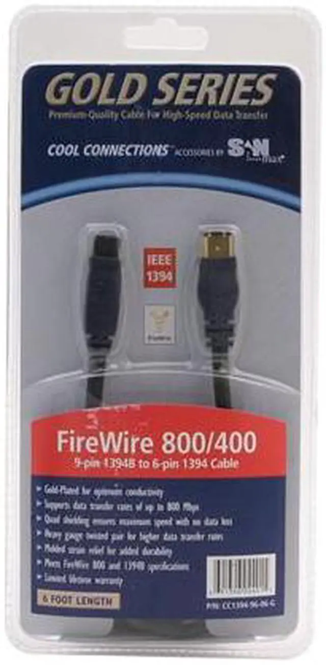 Main image of SanMax CC1394-96-06-G 6 ft. 9-pin 1394B to 6-pin 1394 Cable