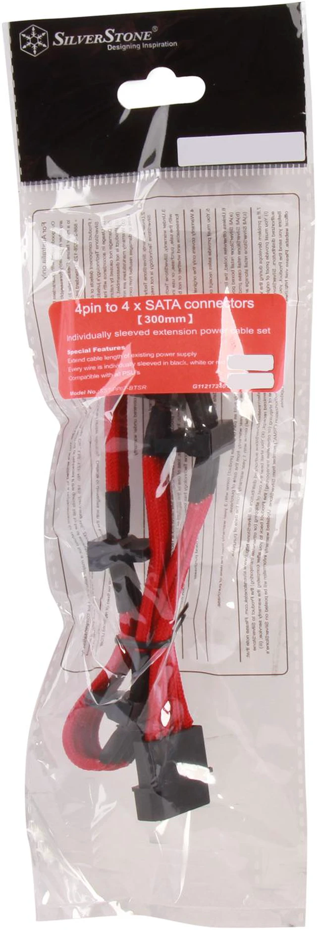 Alt view image 3 of 3 - Silverstone PP07-BTSR Sleeved Extension Power Supply Cable with 1 x 4pin to 4 x SATA Connectors