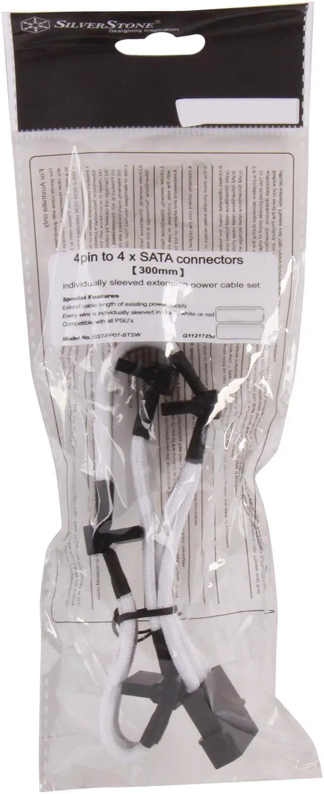 Alt view image 3 of 3 - Silverstone PP07-BTSW Sleeved Extension Power Supply Cable with 1 x 4pin to 4 x SATA Connectors
