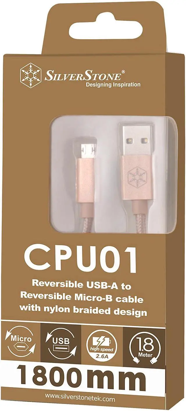 Alt view image 8 of 8 - SilverStone Technology CPU01G-1800 Micro USB Cable for Smartphone / LG / Samsung / Reversible USB-A / Reversible Micro USB-B / 1800mm / Gold
