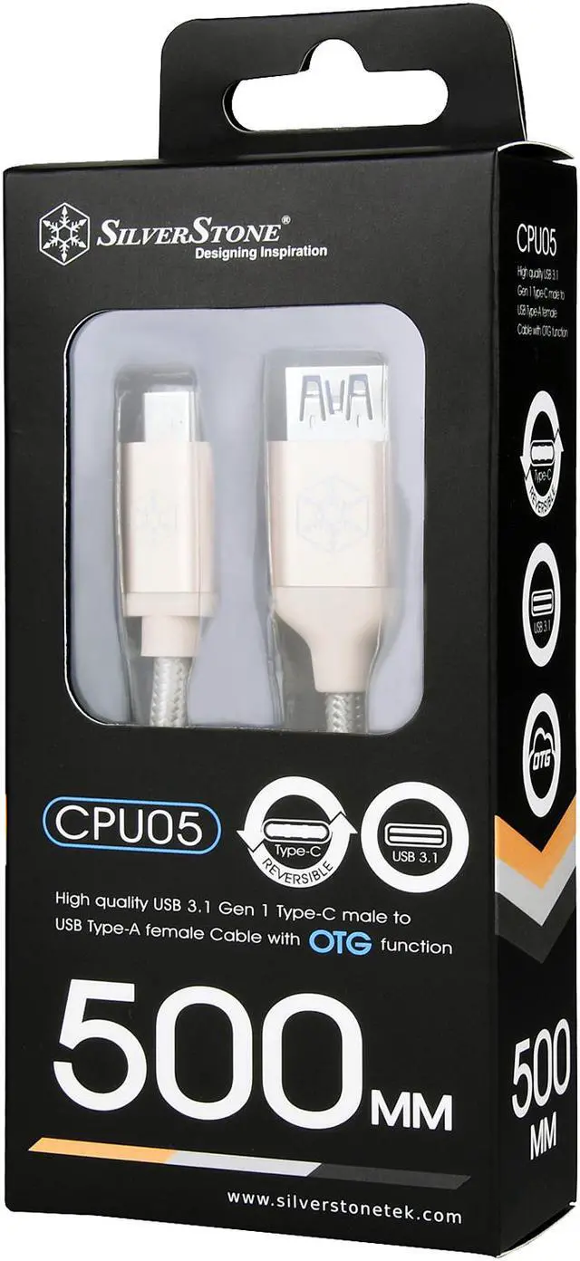 Alt view image 7 of 7 - Silverstone CPU05G-500 Gold USB-C to USB TYPE-A female cable, 0.5 meter, Nylon Braided and aluminum shell