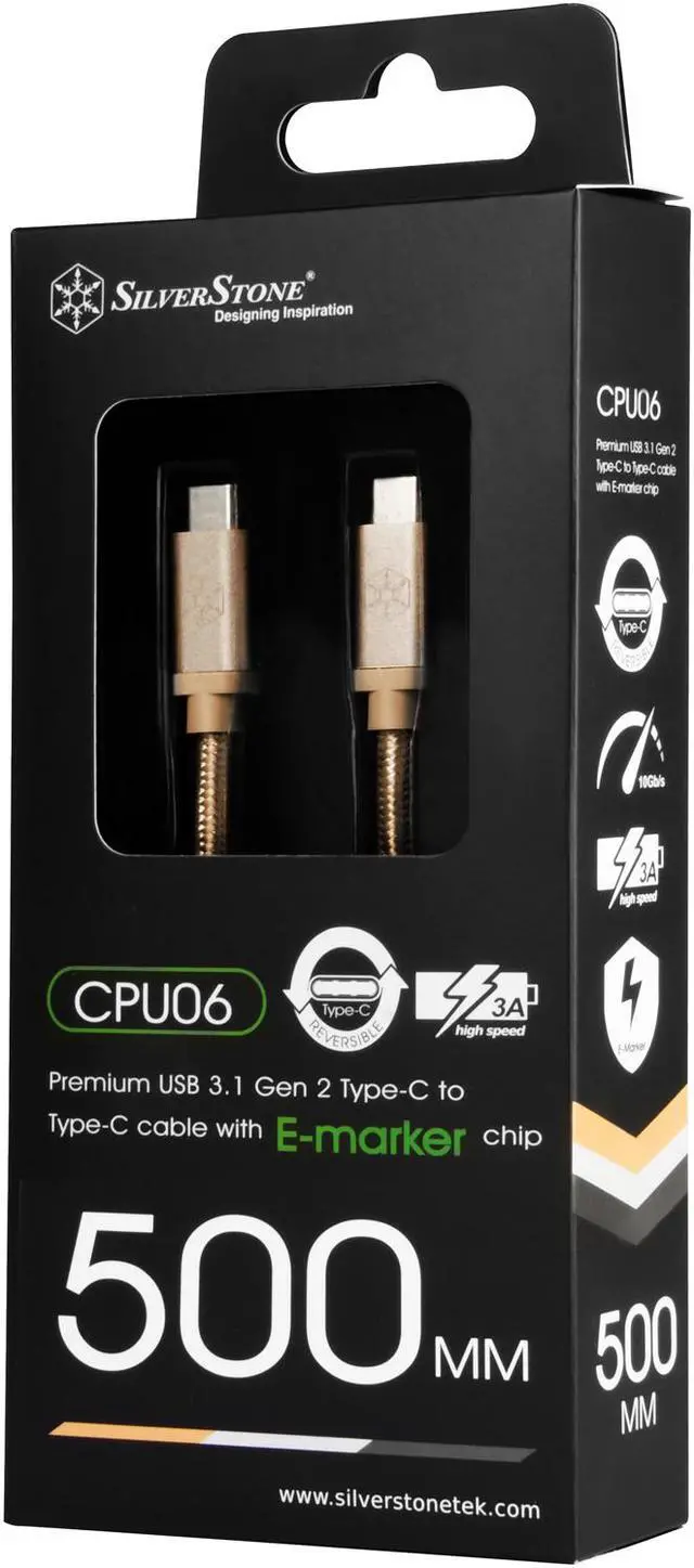 Alt view image 2 of 2 - Silverstone CPU06G-500 Gold USB 3.1 Gen 2 Type-C to Type-C with E-marker IC and support PD function cable,0.5 meter, Nylon Braid