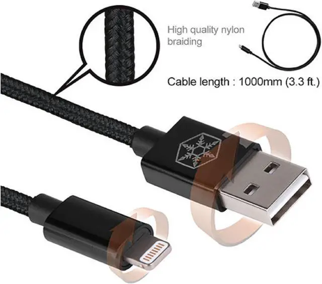 Alt view image 2 of 6 - Silverstone RL-CPU03J-1000 Reversible USB-A  to Lightning cable 1 meter(3.3ft), Apple MFi Certified, support up to 2.6A for high speed charging, Nylon Braided and aluminum shell, Jet black