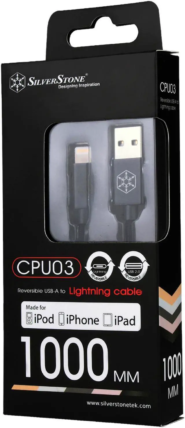 Alt view image 6 of 6 - Silverstone RL-CPU03J-1000 Reversible USB-A  to Lightning cable 1 meter(3.3ft), Apple MFi Certified, support up to 2.6A for high speed charging, Nylon Braided and aluminum shell, Jet black