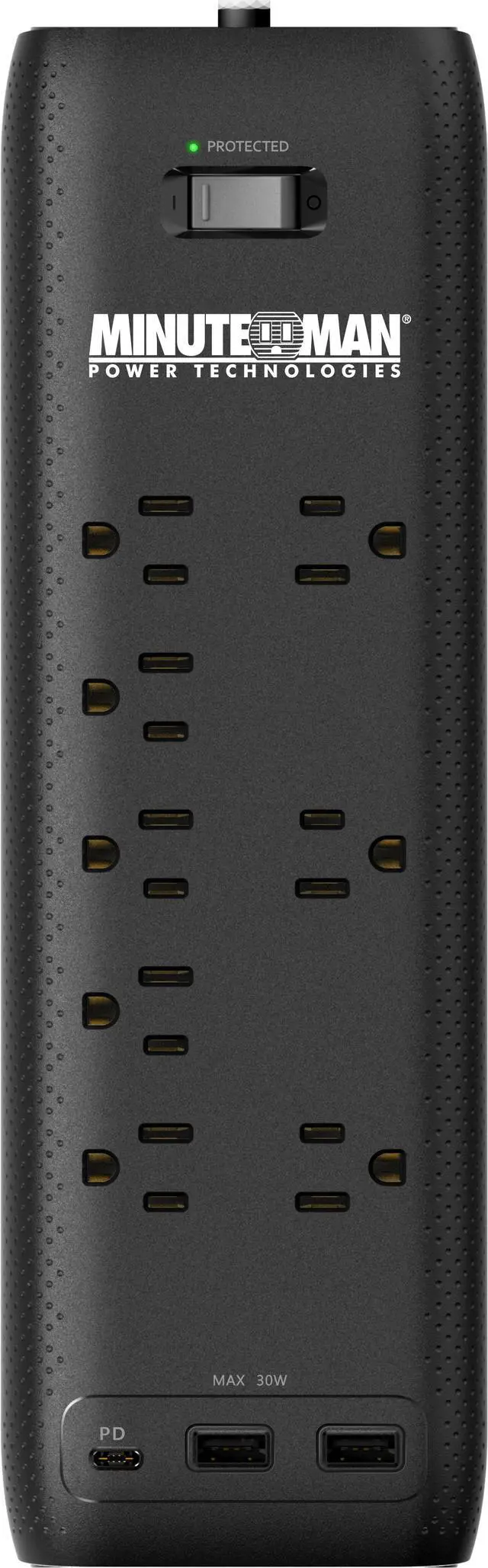 Main image of Minuteman MMS-STP8U3 MMS 8-outlet surge protector, (8) grounded outlets - (3) are transformer spaced, (2) USB Type A & (1) USB Type C Chargers, 5V 30W (combined) charging capacity, UL 1449, UL 1363