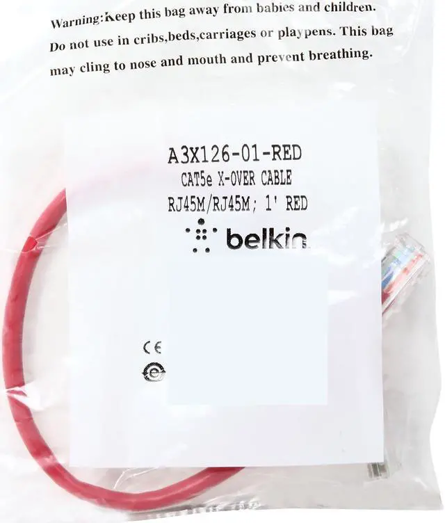 Alt view image 3 of 3 - Belkin A3X126-01-RED 1 ft. Cat 5E (Crossover) Red Network Cable