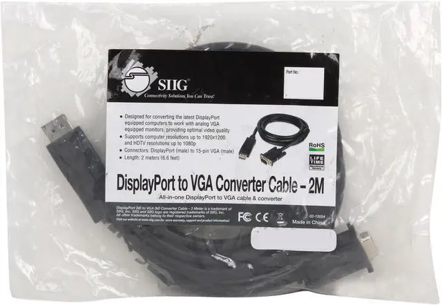 Alt view image 3 of 3 - SIIG CB-DP0111-S1 6.6 ft. Black Latching 20-Pin DisplayPort (male) to 15-pin VGA (male) DisplayPort (M) to VGA (M) Converter Cable Male to Male