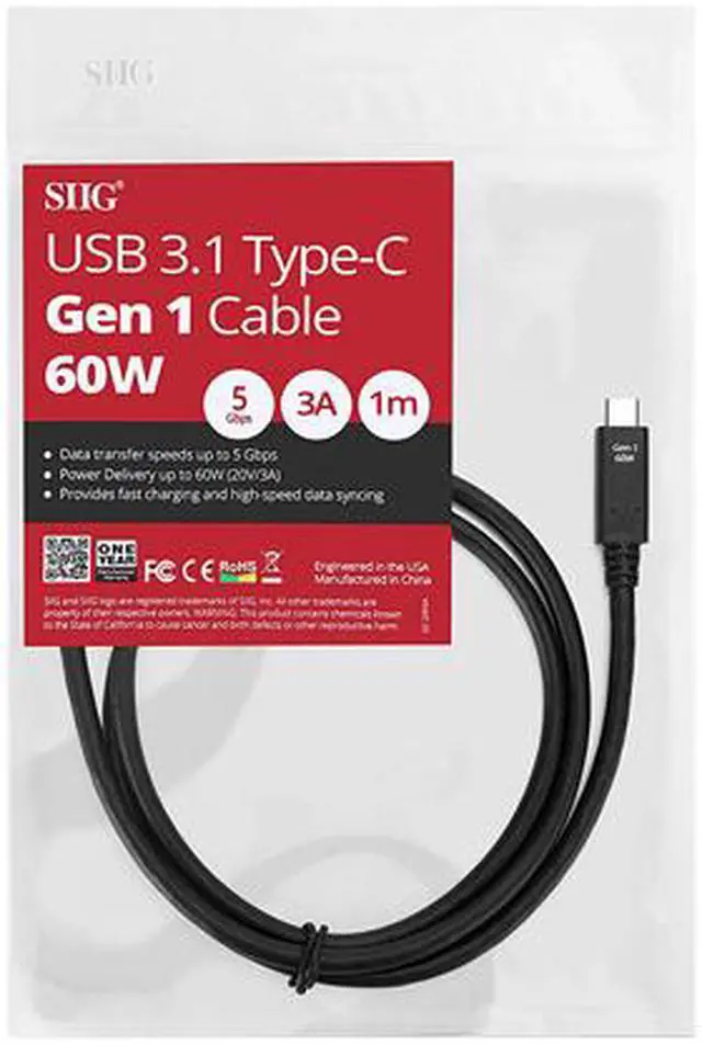 Alt view image 7 of 7 - SIIG USB 3.1 Type-C Gen 1 Cable 60W - 1M
