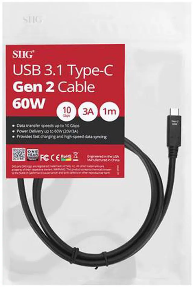 Alt view image 7 of 7 - SIIG USB 3.1 Type-C Gen 2 Cable 60W - 1M