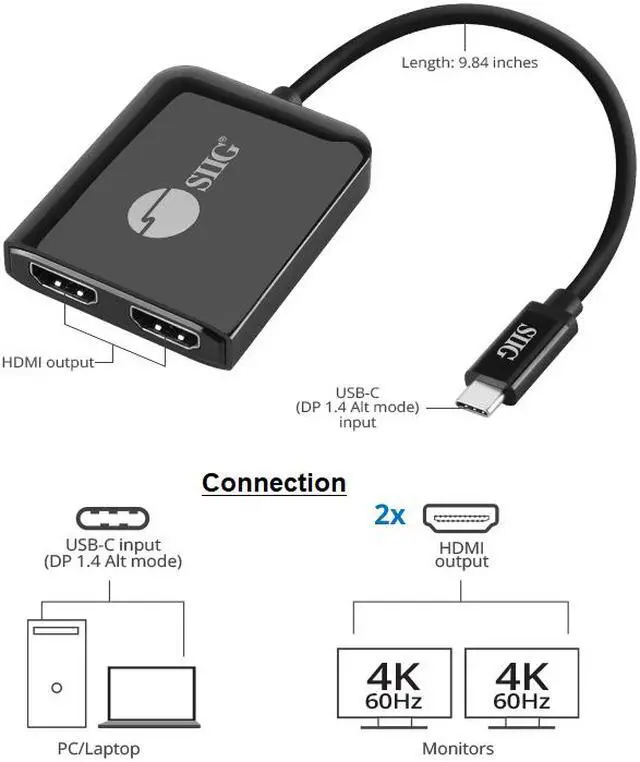 Alt view image 2 of 4 - SIIG 1x2 USB-C to HDMI 4K60 MST Hub Splitter CE-DP0T11-S1