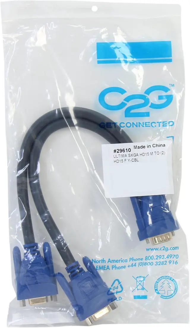 Alt view image 3 of 3 - C2G 29610 Ultima One HD15 VGA Male to Two HD15 VGA Female SXGA Monitor Y-Cable, Black (1 Feet, 0.3 Meters)