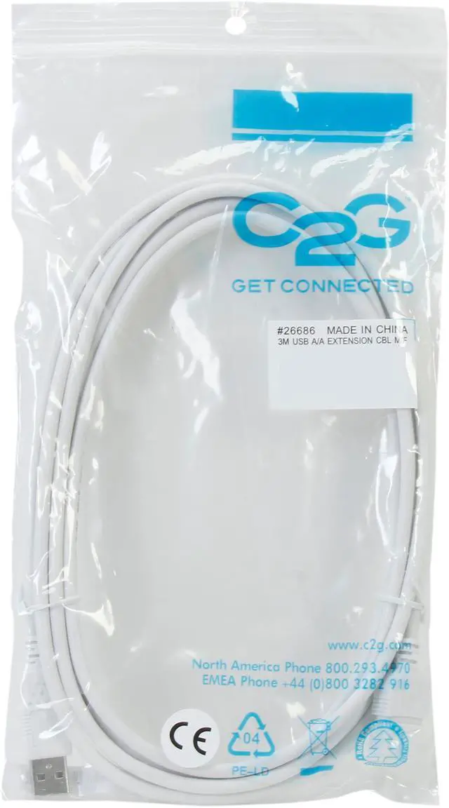 Alt view image 3 of 3 - C2G 26686 USB Extension Cable - USB 2.0 A Male to A Female Extension Cable, White (9.8 Feet, 3 Meters)