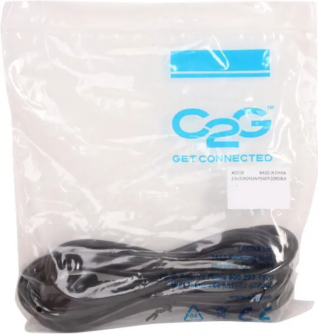 Alt view image 3 of 3 - C2G 03138 14 AWG European Power Cord - CEE7/7 to IEC320C13, TAA Compliant, Black (8.20 Feet, 2.5 Meters)
