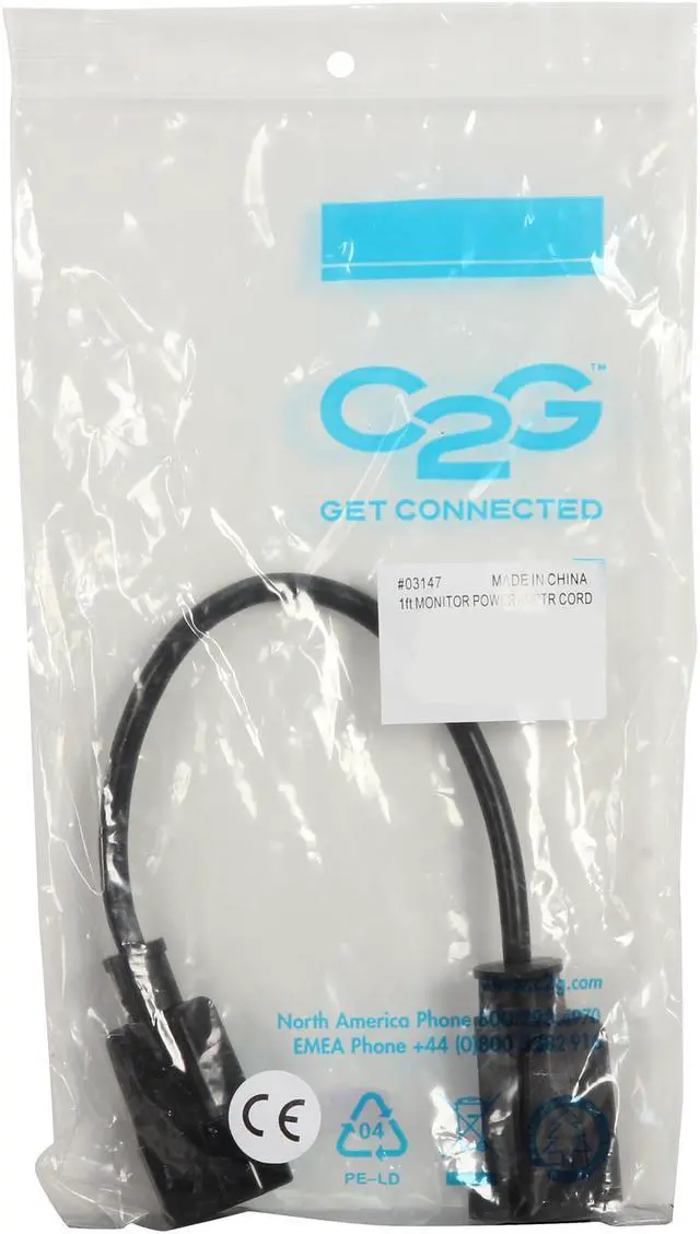 Alt view image 3 of 3 - C2G 03147 18 AWG Monitor Power Adapter Cord - C14 to NEMA 5-15R, TAA Compliant, Black (1 Foot, 0.30 Meters)