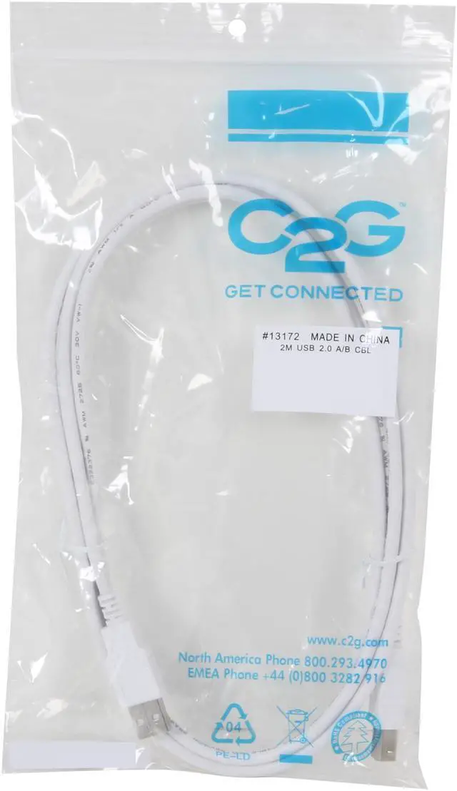 Alt view image 3 of 3 - C2G 13172 USB Cable - USB 2.0 A Male to B Male Cable for Printers, Scanners, Brother, Canon, Dell, Epson, HP and more, White (6.6 Feet, 2 Meters)