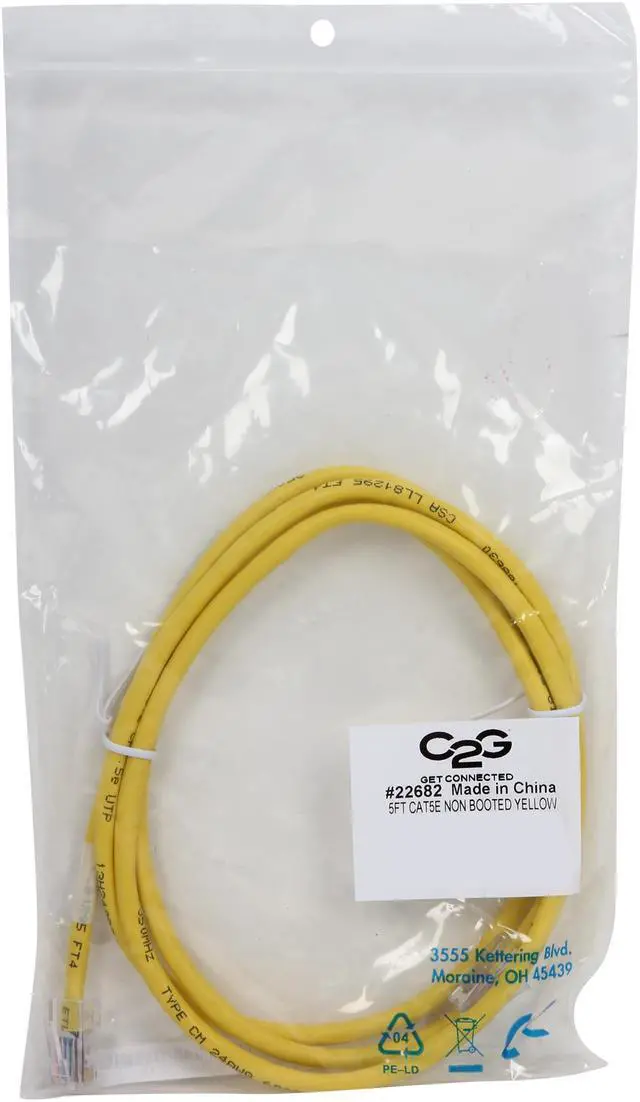 Alt view image 3 of 3 - C2G 22682 Cat5e Cable - Non-Booted Unshielded Ethernet Network Patch Cable, Yellow (5 Feet, 1.52 Meters)