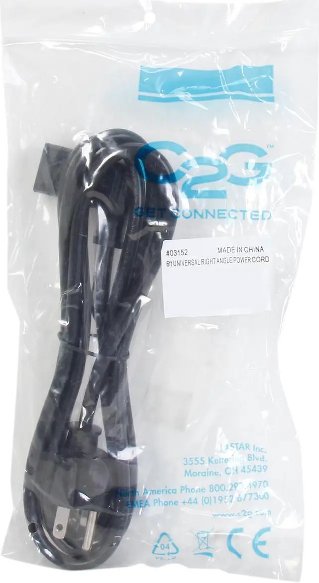 Alt view image 3 of 3 - C2G 03152 18 AWG Universal Right Angle Power Cord - NEMA 5-15P to IEC320C13R, TAA Compliant, Black (6 feet, 1.82 Meters)