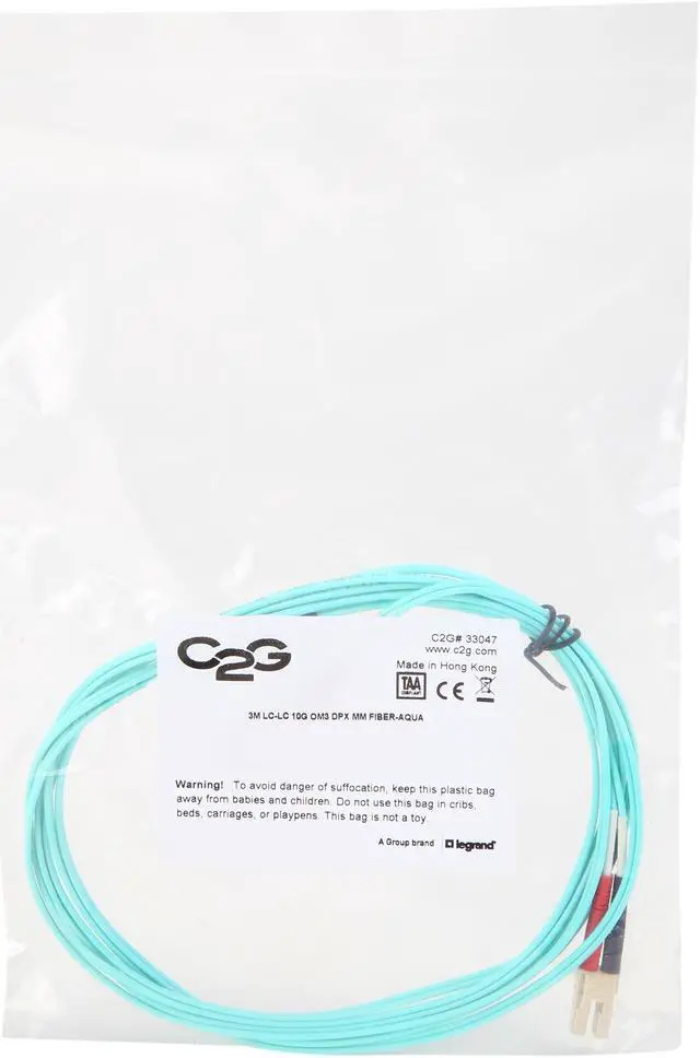 Alt view image 3 of 3 - C2G 33047 Fiber Optic Cable - LC-LC 10Gb 50/125 OM3 Multimode PVC Fiber Cable, Aqua (9.8 Feet, 3 Meters)