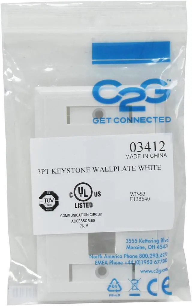 Alt view image 4 of 4 - C2G/Cables To Go 03412 Three Port Keystone Single Gang Wall Plate