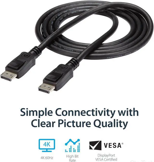 Alt view image 4 of 6 - StarTech.com DISPLPORT6L DisplayPort Cable - 6 ft / 2m - 4K DisplayPort 1.2 Cable - DP to DP Cable