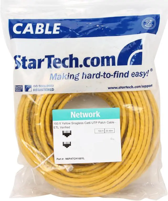 Alt view image 3 of 3 - StarTech.com N6PATCH100Y 100 ft. Cat 6 Yellow Snagless UTP Patch Cable - ETL Verified