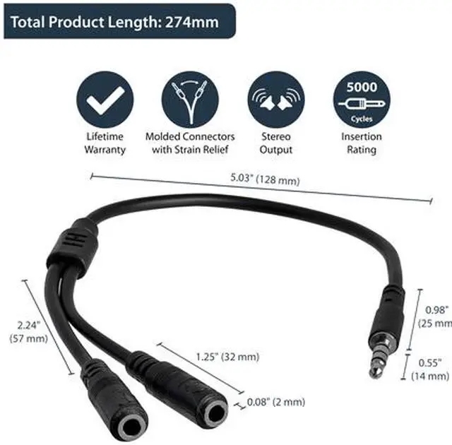 Alt view image 2 of 6 - StarTech.com MUYHSMFF Headset adapter for headsets with separate headphone / microphone plugs - 3.5mm 4 position to 2x 3 position 3.5mm M/F