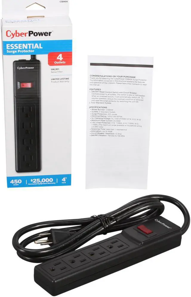 Alt view image 6 of 6 - CyberPower CSB404 4 Feet 4 Outlets 450 joule Surge Suppressor