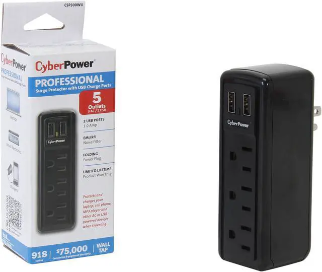 Alt view image 6 of 6 - CyberPower CSP300WU Professional 3-Outlets Surge Suppressor 2 USB Charging Ports 918 Joules