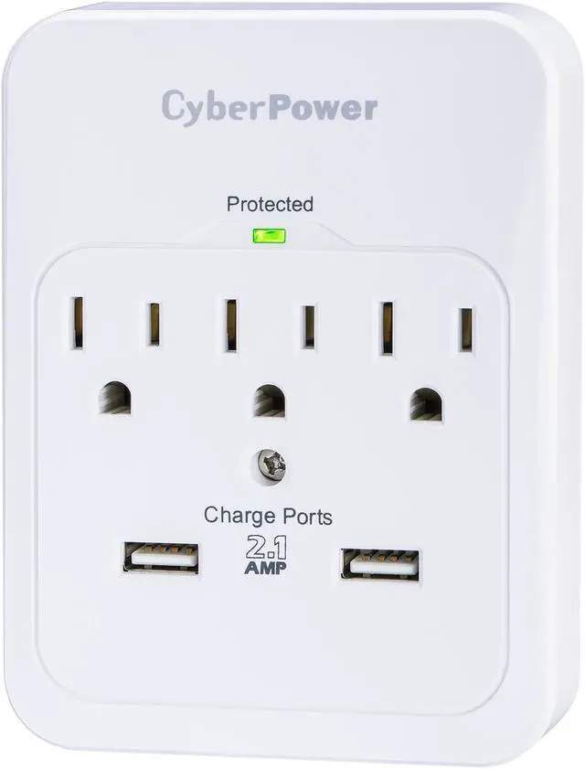 Alt view image 3 of 5 - CyberPower CSP300WUR1 Surge Protector 3-AC Outlet with 2 USB Charging Ports