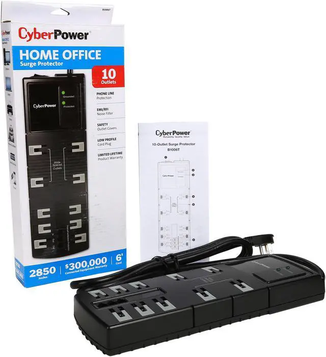 Alt view image 7 of 7 - CyberPower B1006T 6 Feet 10 Outlets 2850 Joules Essential Surge Protector