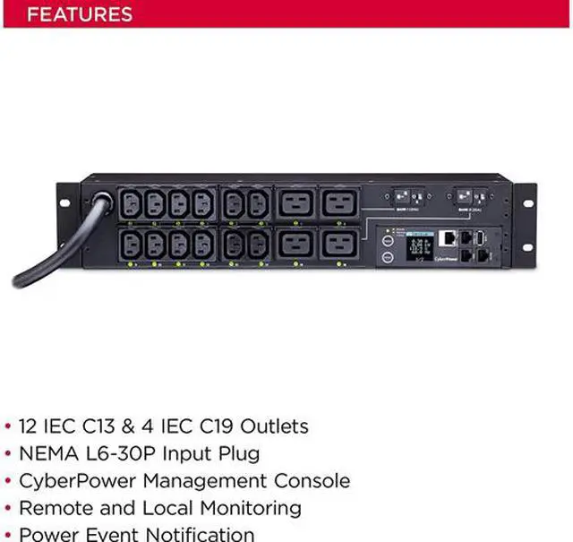 Alt view image 4 of 7 - CyberPower PDU81008 Switched, Metered 2U 30A 12 ft Power Distribution Unit