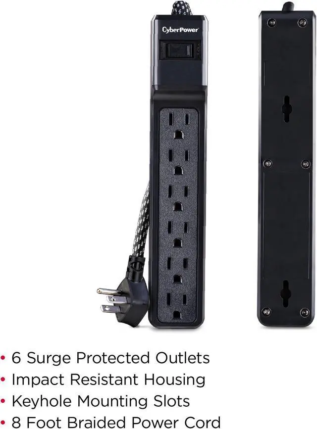 Alt view image 5 of 7 - CyberPower B608B Essential Surge Protector - 8 ft (2.4 m) - 6 Outlet - 500 J Surge Protection