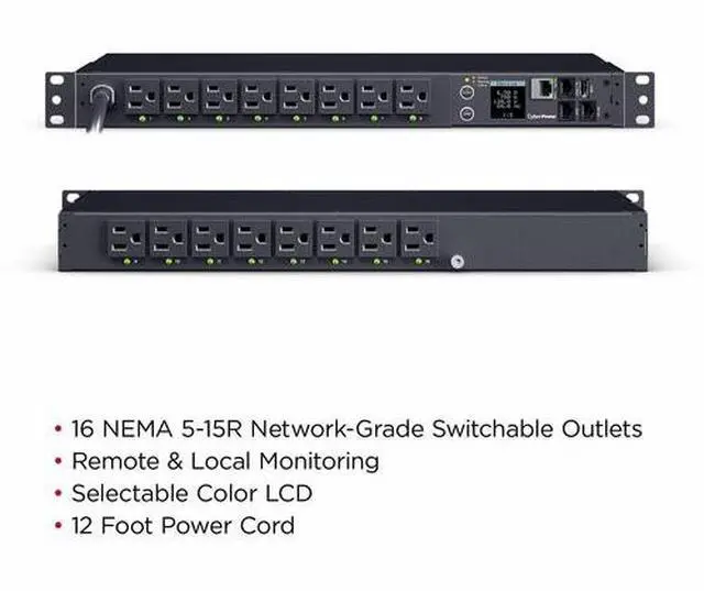 Alt view image 2 of 5 - CyberPower PDU41021 Monitored 1U 100 - 120 VAC 15A 12 ft (3.7 m) Power Distribution Unit